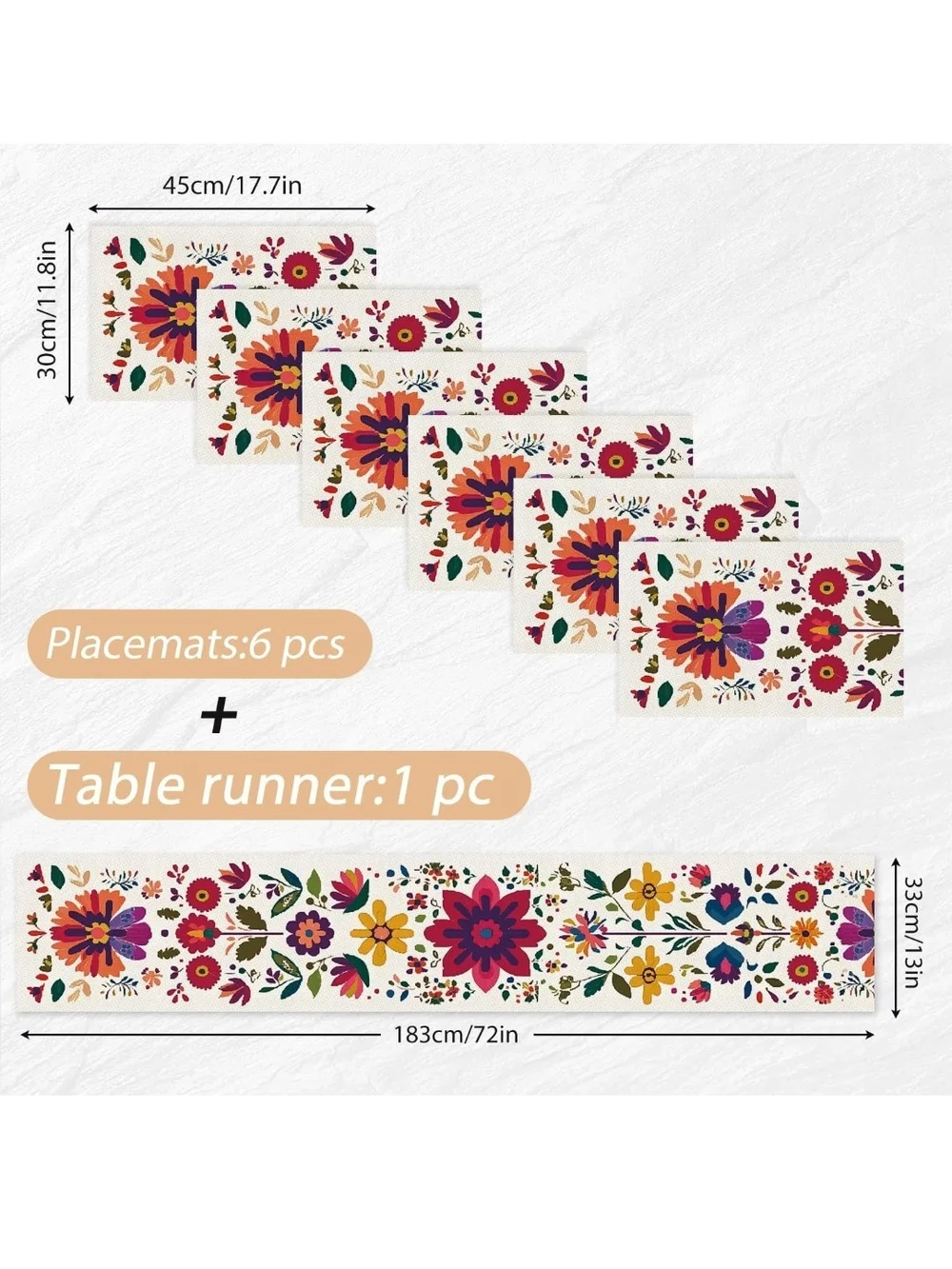 Floral Tile Pattern Table Runner and Placemats Set - Multicolor